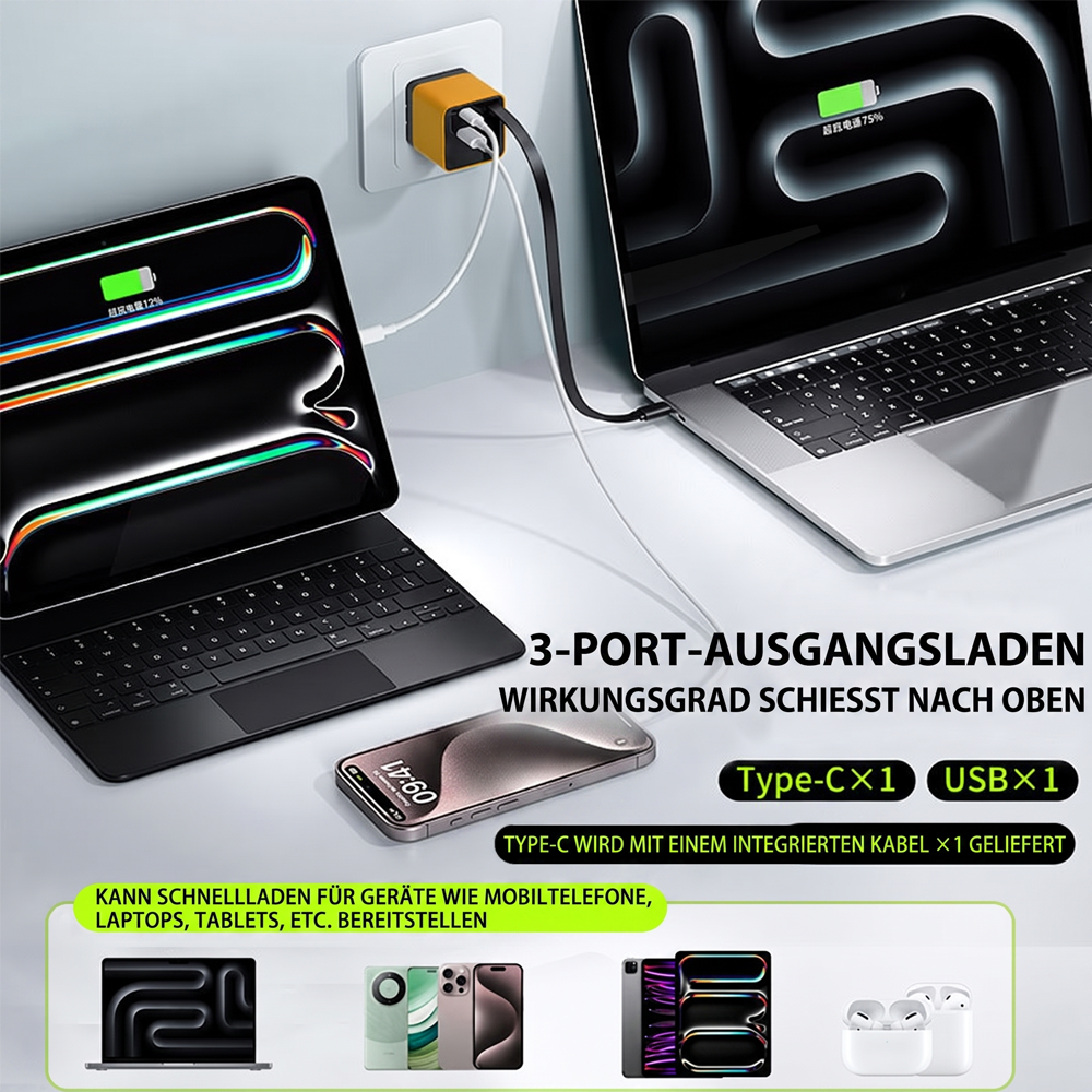 60%off3-in-1-GaN-Ladegerät, 80 W MAX skalierbares Schnelllademodul mit Typ-C-Kabel und 2 USB-Anschlüssen (Copy)